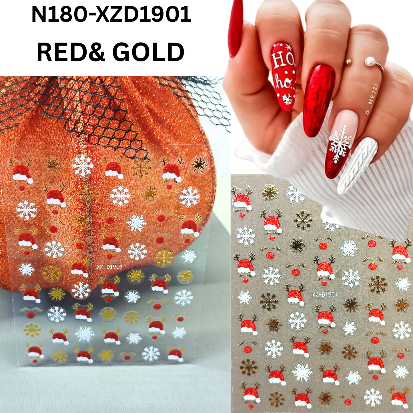 Set of 12 Christmas 3D Nail Decals – Holiday Reindeer, Candy Cane, Santa & Snowflake Designs