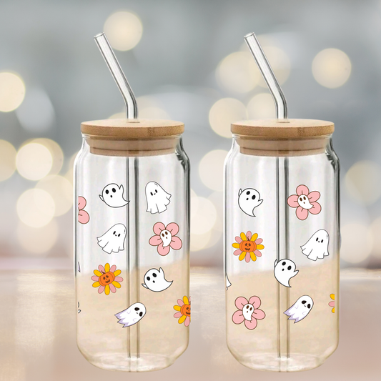 Cute Ghost & Flower Glass Tumbler – 16oz/20oz with Bamboo Lid & Glass Straw – Halloween & Autumn Vibes