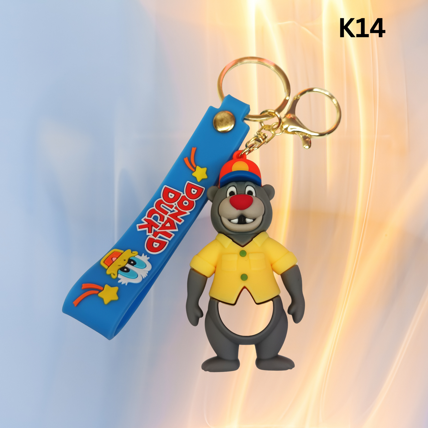 Cute Gray Bear Figure Keychain Yellow Shirt Blue Wrist Strap Silicone Key Ring