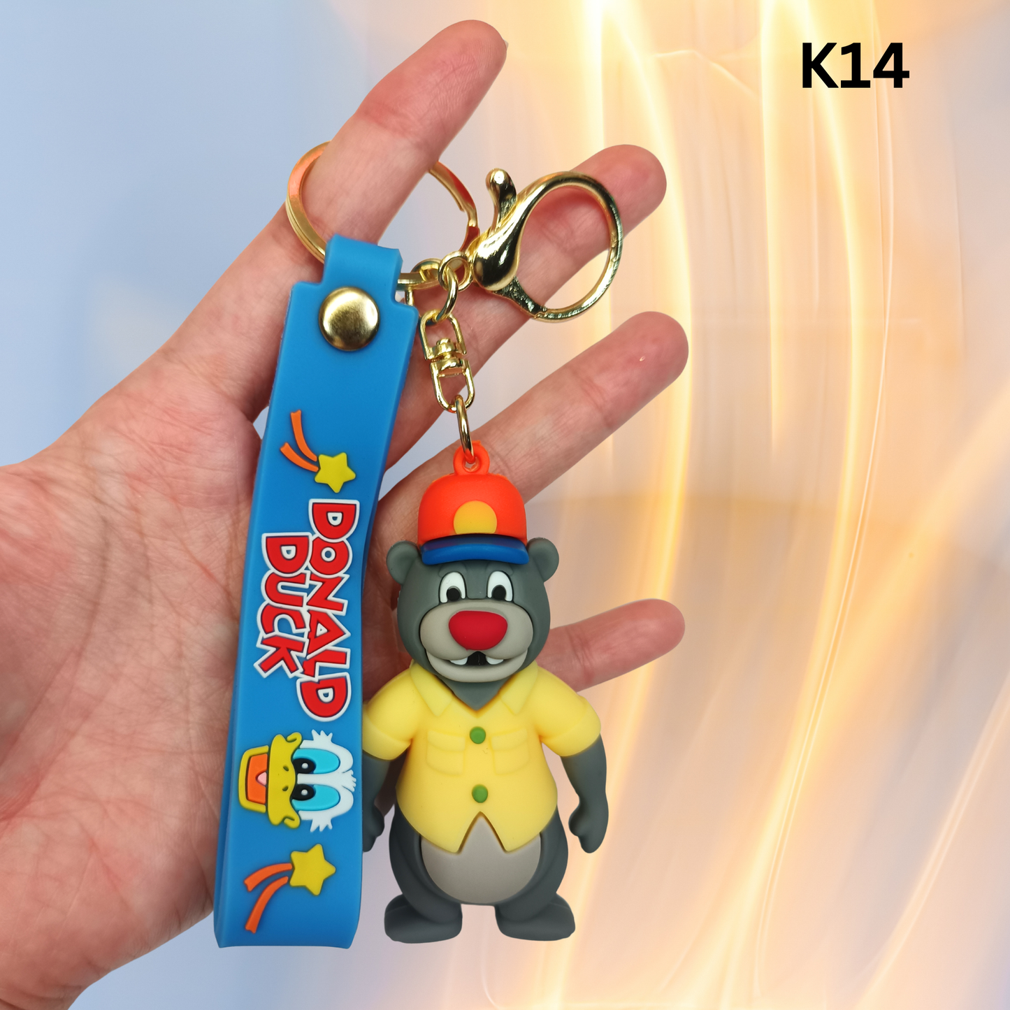 Cute Gray Bear Figure Keychain Yellow Shirt Blue Wrist Strap Silicone Key Ring