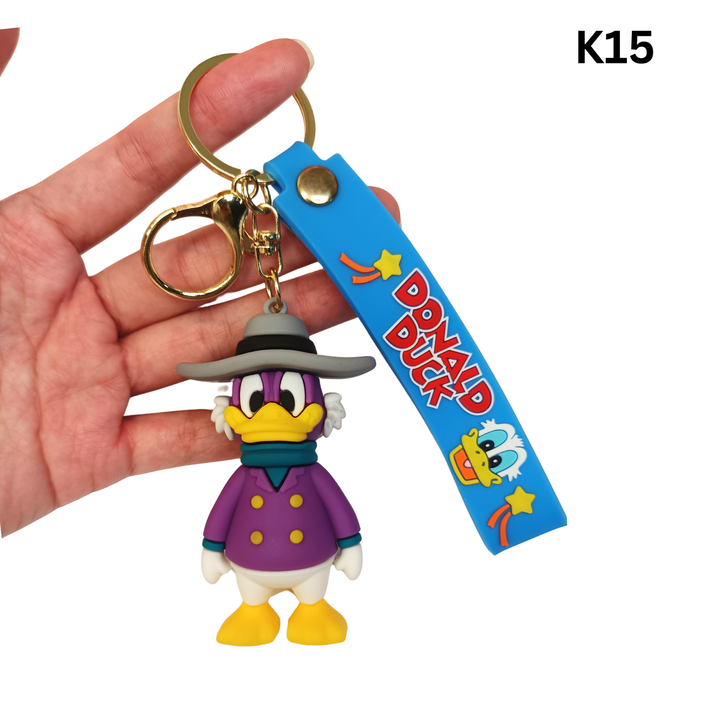Cute Purple Duck Figure Keychain Grey Hat Blue Wrist Strap Silicone Key Ring