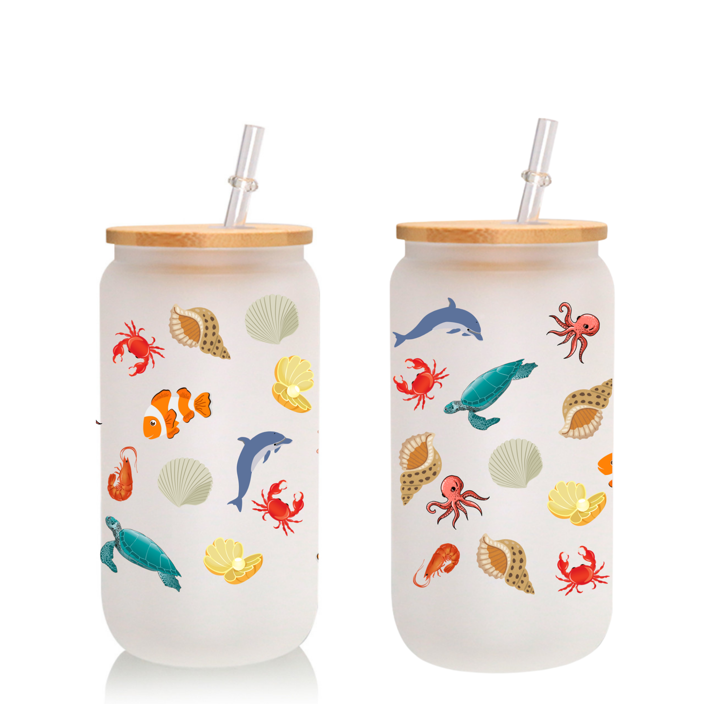 Ocean Animals Glass Cup – Turtle, Crab, Shrimp – Frosted 16oz/20oz with Lid & Straw