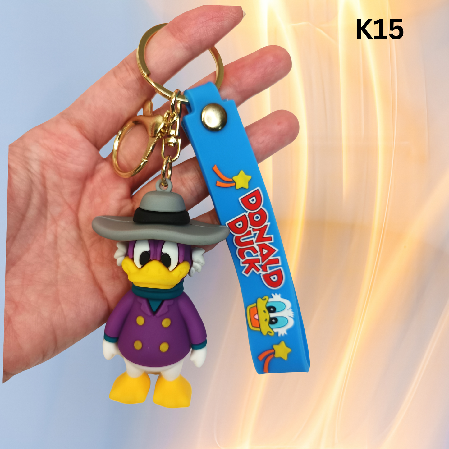 Cute Purple Duck Figure Keychain Grey Hat Blue Wrist Strap Silicone Key Ring