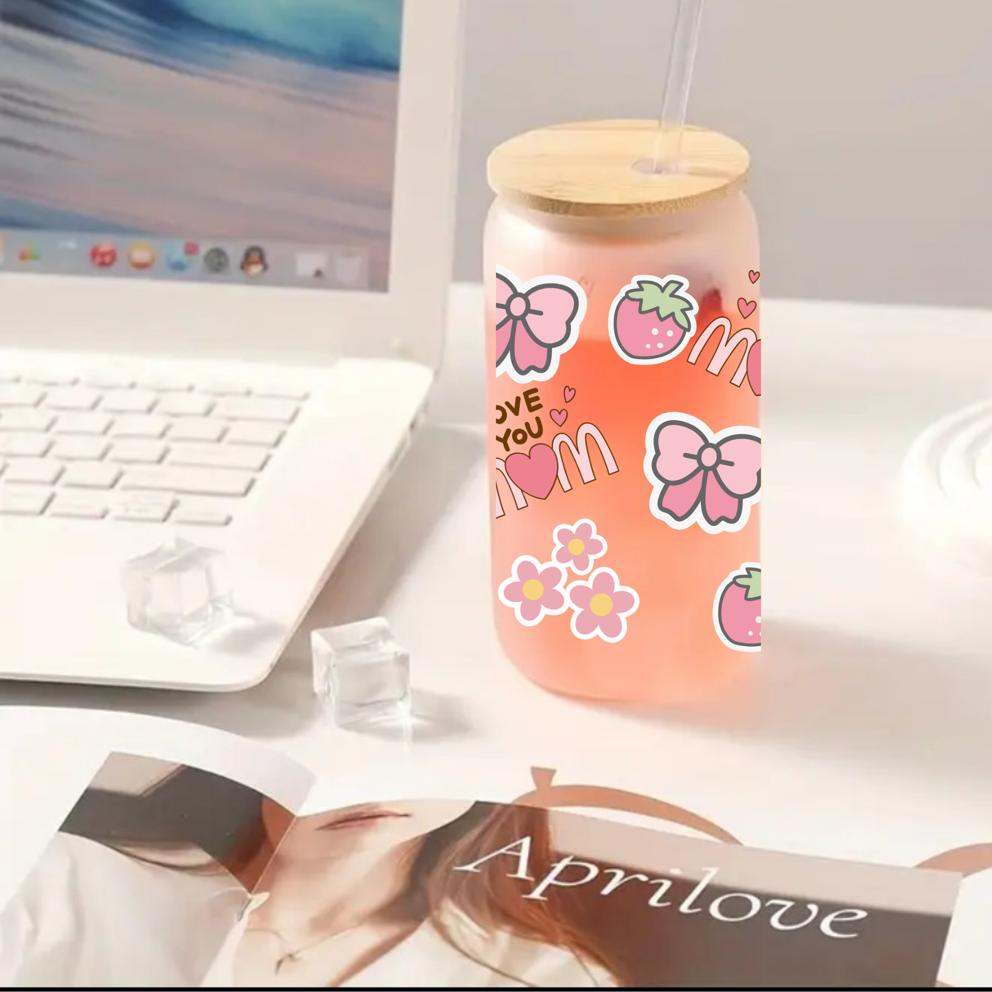 I LOVE YOU MOM Frosted Glass Cup – 16oz / 20oz – With Bamboo Lid & Glass Straw