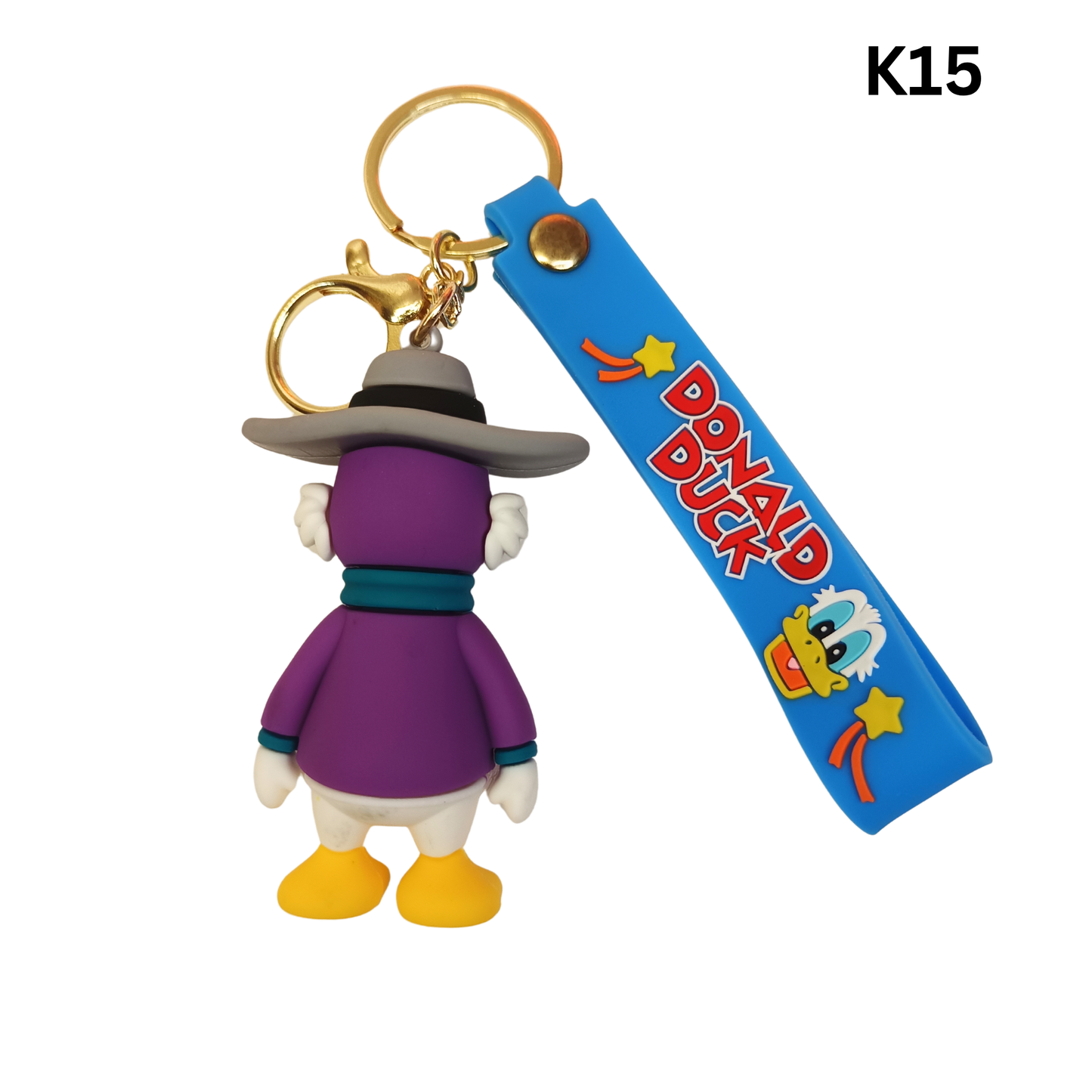 Cute Purple Duck Figure Keychain Grey Hat Blue Wrist Strap Silicone Key Ring
