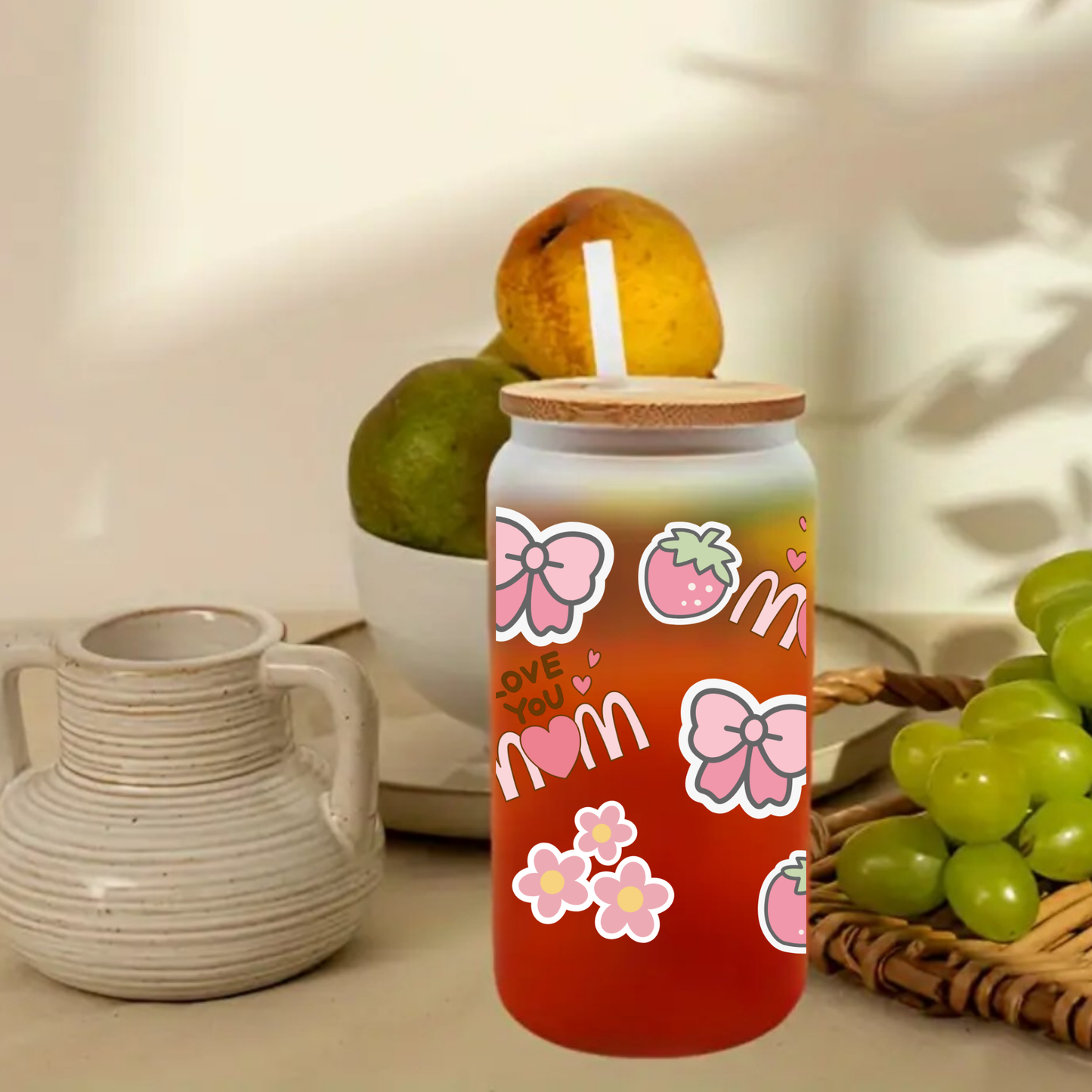 I LOVE YOU MOM Frosted Glass Cup – 16oz / 20oz – With Bamboo Lid & Glass Straw