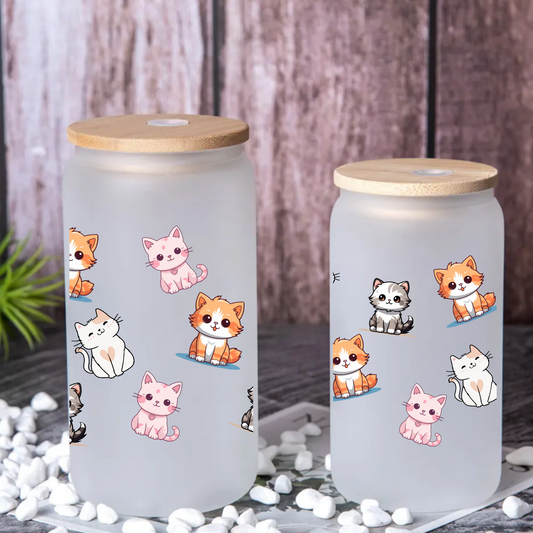 Cute Cats Frosted Glass Cup – 16oz / 20oz Animal Glass Tumbler for Coffee, Tea, Smoothie – Personalized Gift for Office, Party, or Birthday