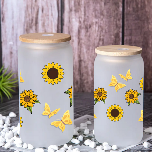 Sunflower & Butterfly Frosted Glass Can with Bamboo Lid and Straw – 16oz/20oz
