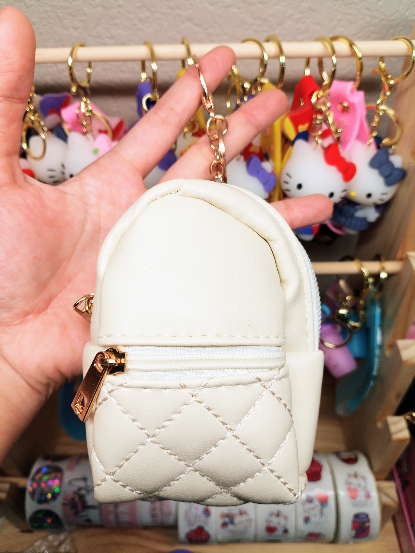 Mini Backpack Leather Keychain, Waterproof Zippered Pockets