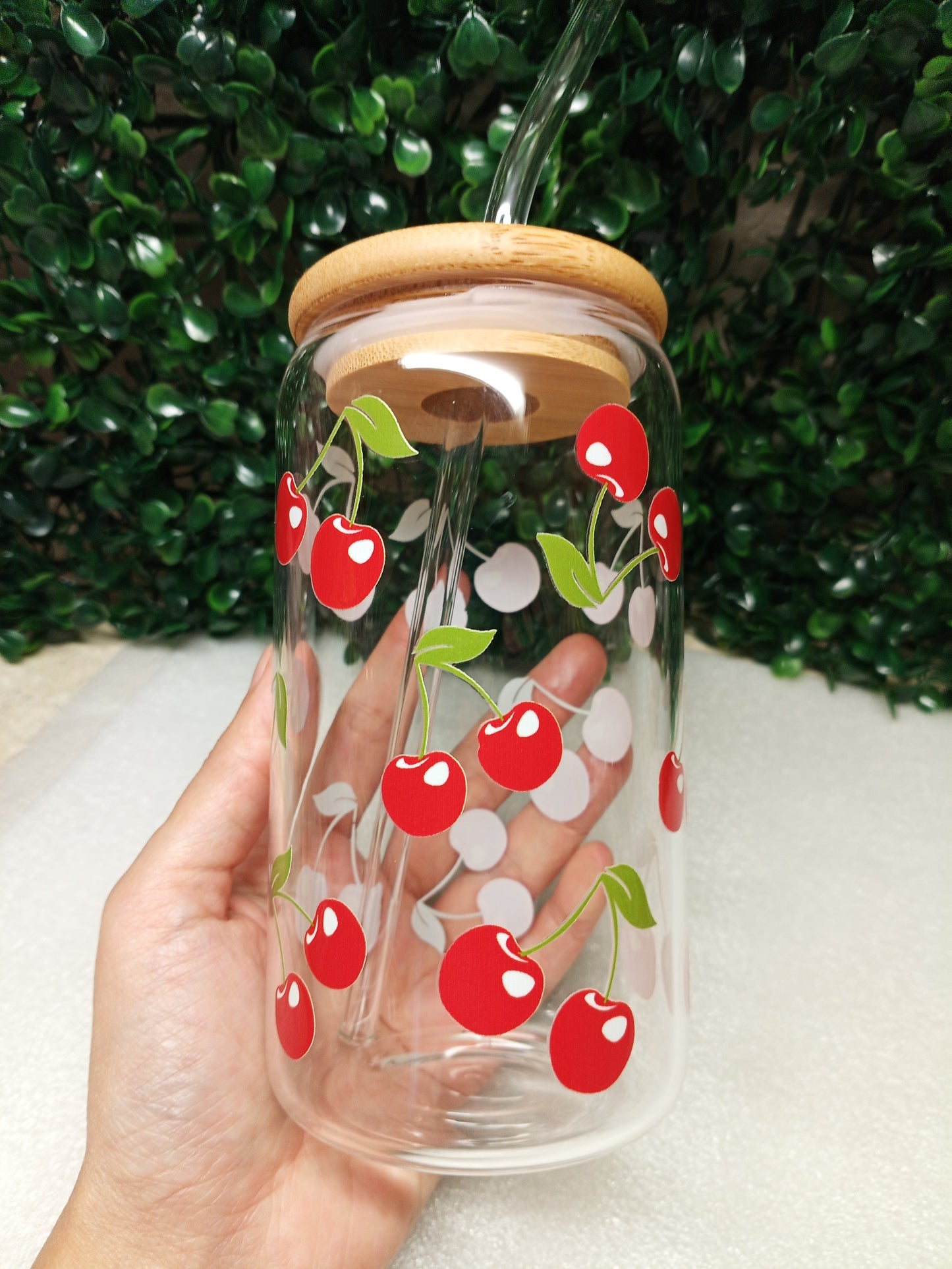 Cherry Glass cup with lid and Straw Personalized Glass Cup 16oz & 20oz Tea, Coffee, Smoothie Glass,Perfect for Home, Office, Party, Birthday