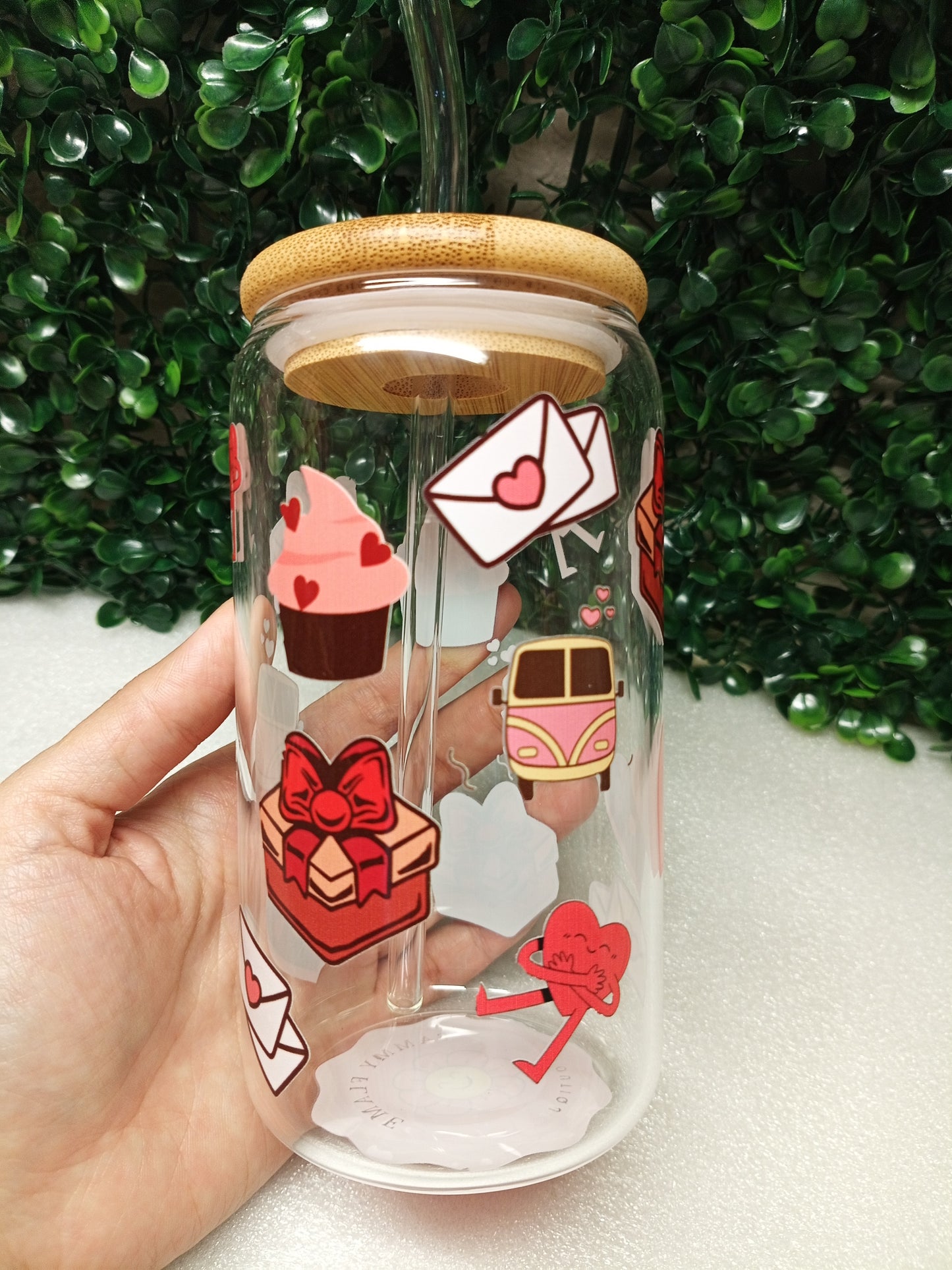 Love Paws Iced Coffee Glass cup with lid and Straw Personalized gift for Valentine's Day, Birthday, 16oz, 20oz Glass Tumbler