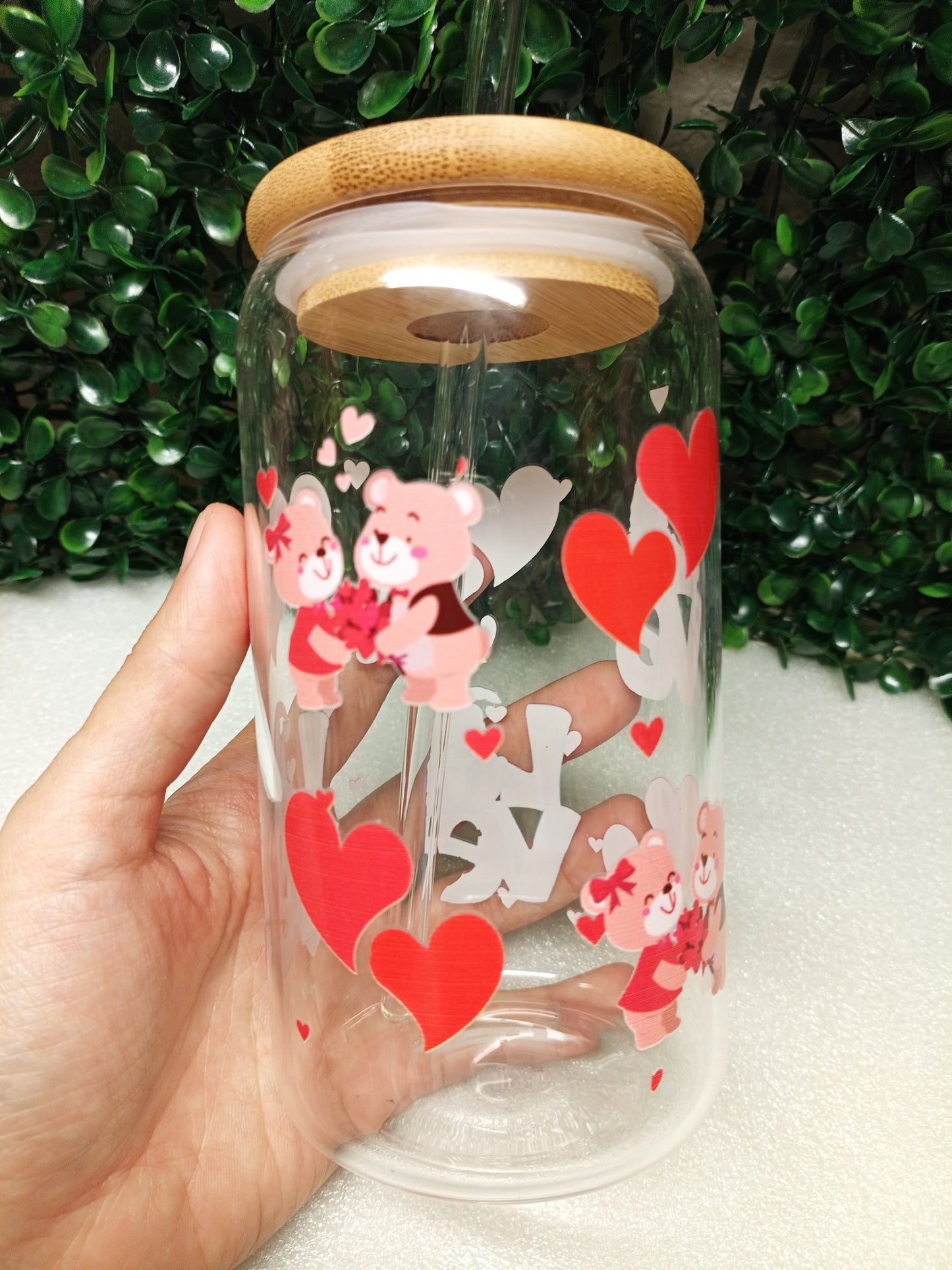 Love Heart Iced Coffee Glass cup with lid and Straw Personalized gift for Valentine's Day, Birthday, 16oz, 20oz Glass Tumbler