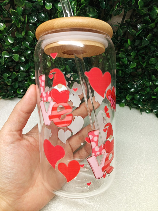 Love Heart Iced Coffee Glass cup with lid and Straw Personalized gift for Valentine's Day, Birthday, 16oz, 20oz Glass Tumbler