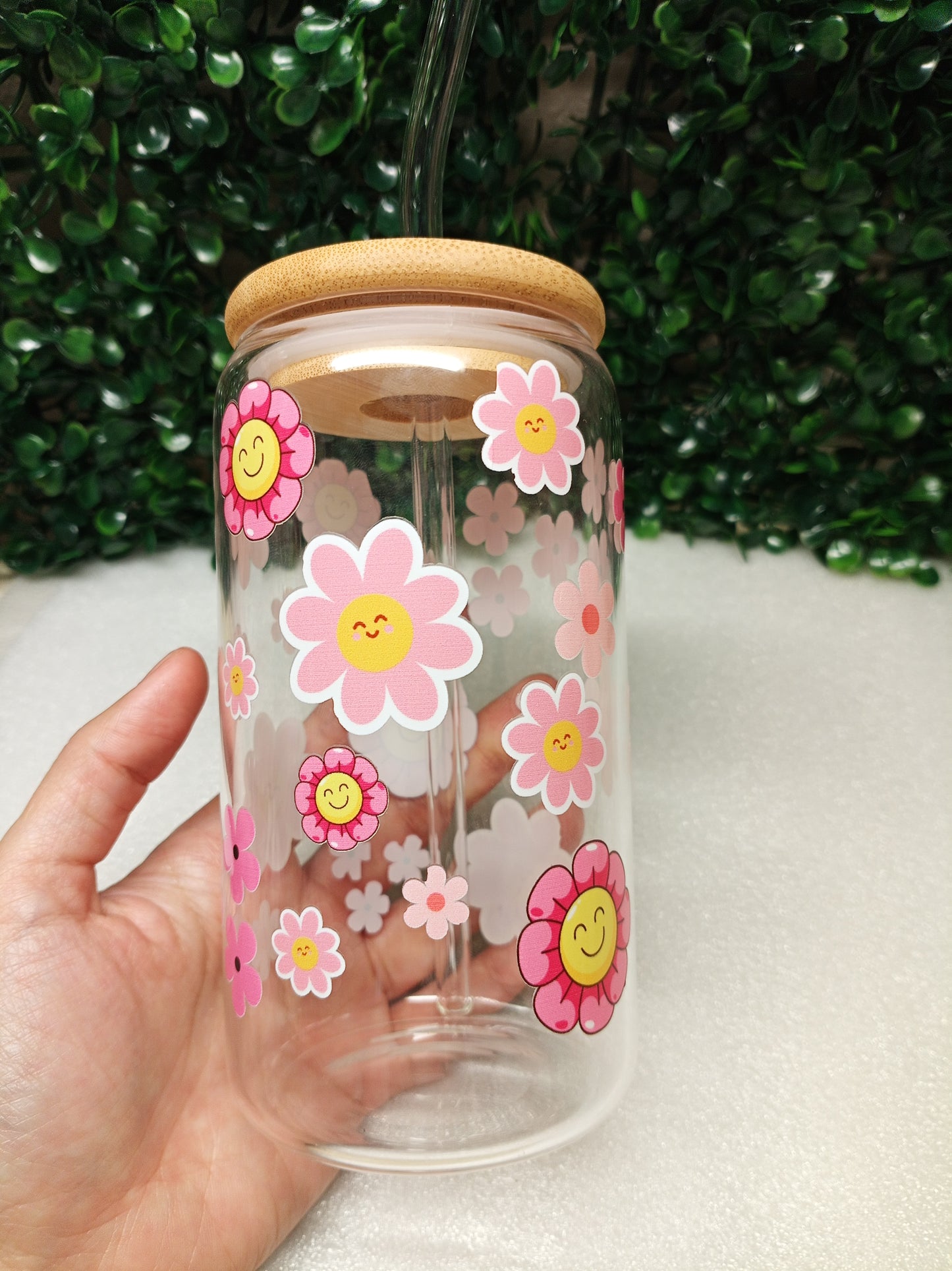Love in Bloom Iced Coffee Glass cup with lid and Straw Personalized gift for Valentine's Day, Mother's Day, Birthday, 16oz, 20oz Glass cup