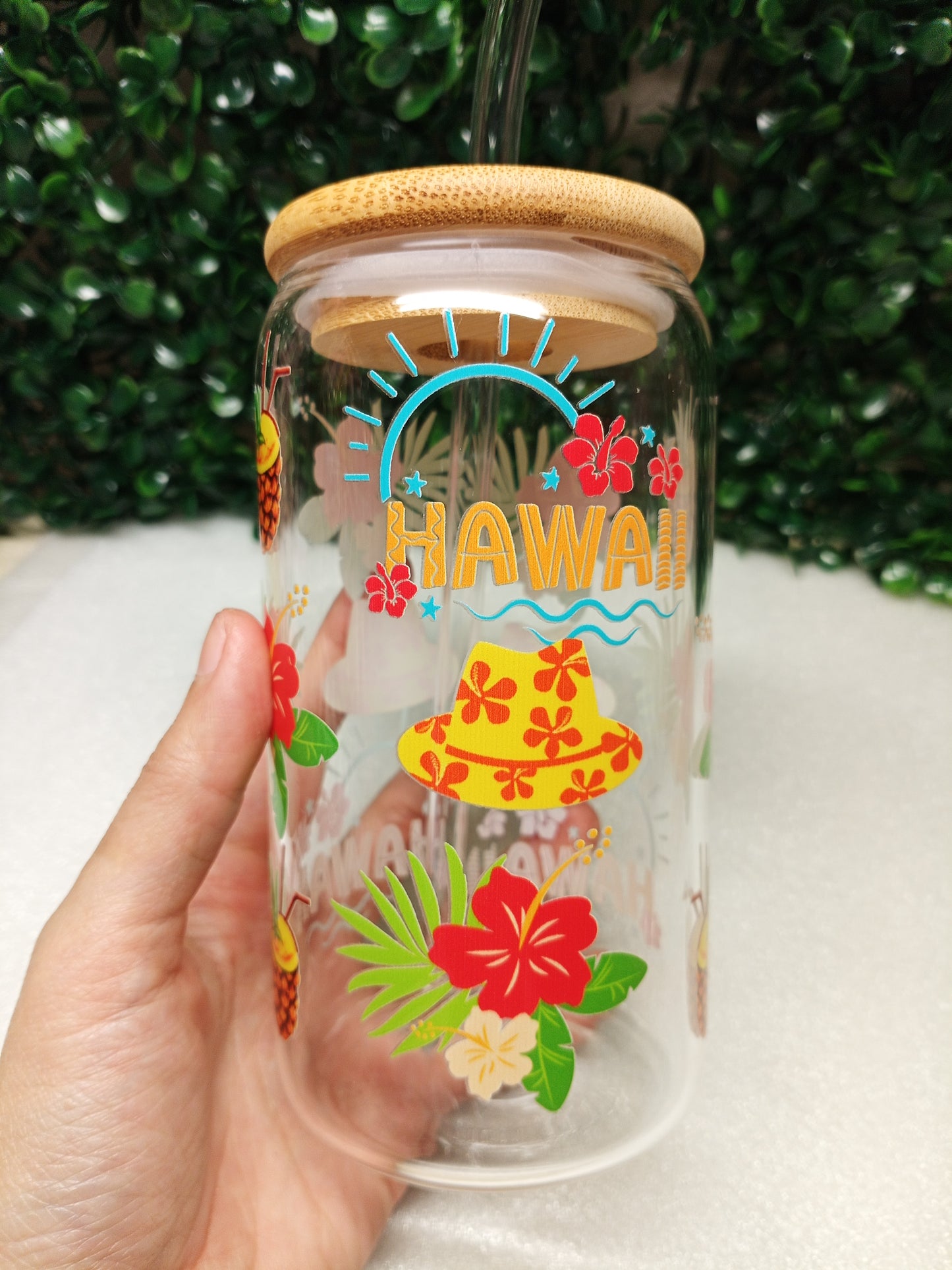 Hawaiian Personalized Glass Cup 16oz & 20oz Tea, Coffee, Smoothie Glass, Perfect for Home, Office, Party, Birthday,Travel glass cup