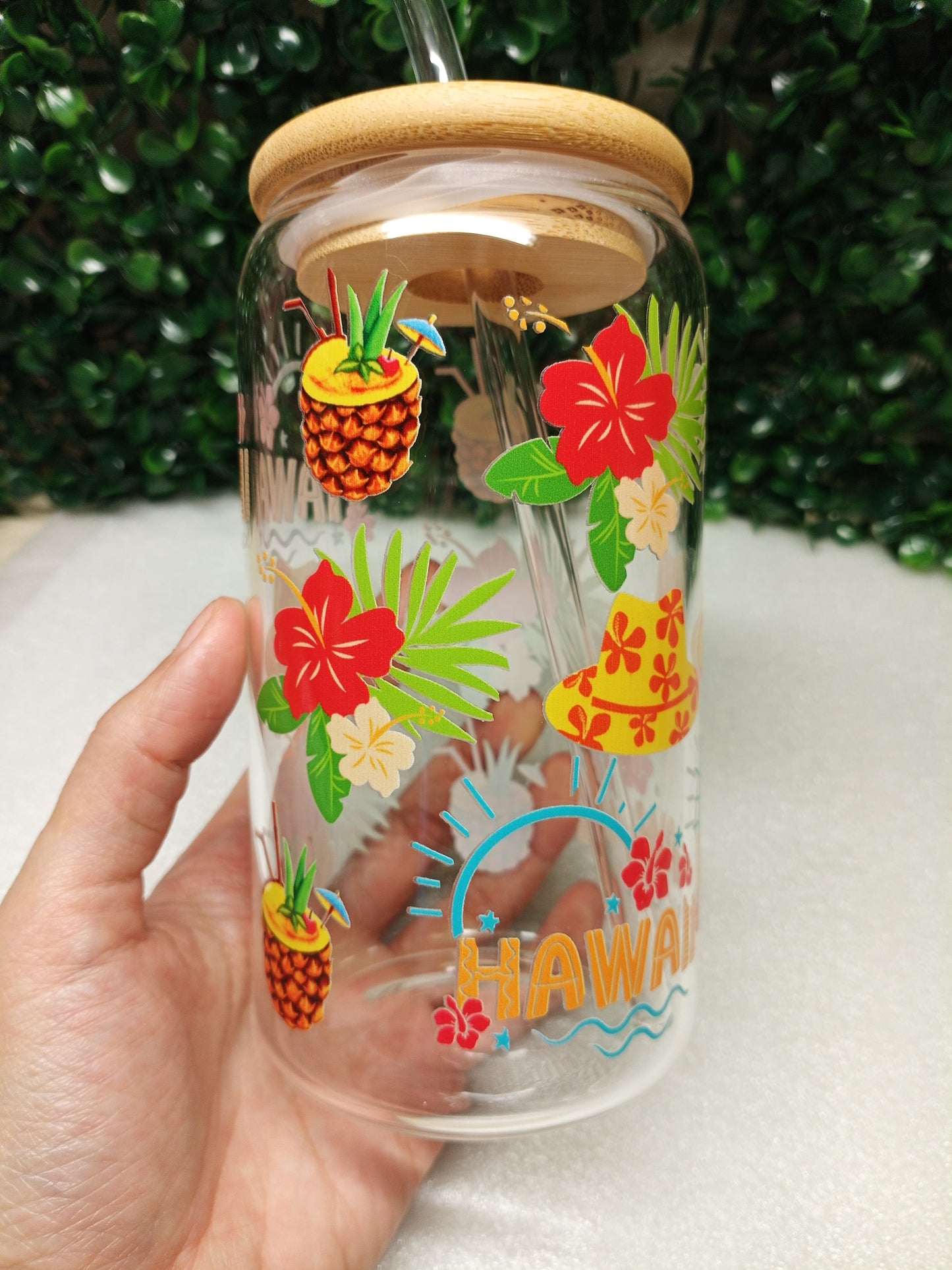 Hawaiian Personalized Glass Cup 16oz & 20oz Tea, Coffee, Smoothie Glass, Perfect for Home, Office, Party, Birthday,Travel glass cup