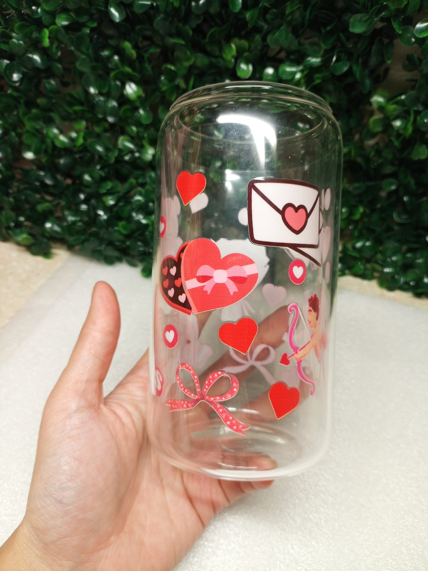 Happy Valentine Day Iced Coffee Glass cup with lid and Straw Personalized gift for Valentine's Day, 16oz, 20oz Glass Tumbler