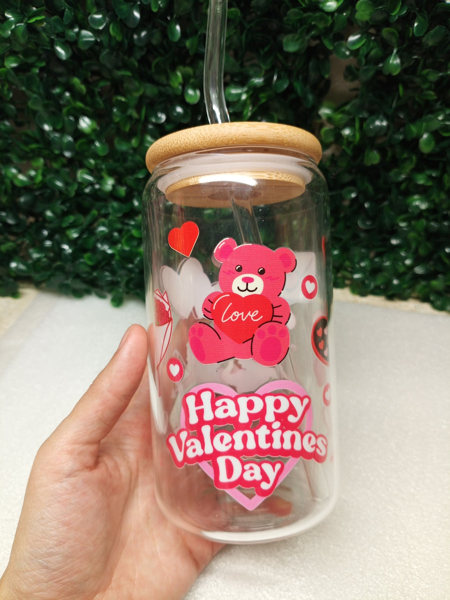 Happy Valentine Day Iced Coffee Glass cup with lid and Straw Personalized gift for Valentine's Day, 16oz, 20oz Glass Tumbler