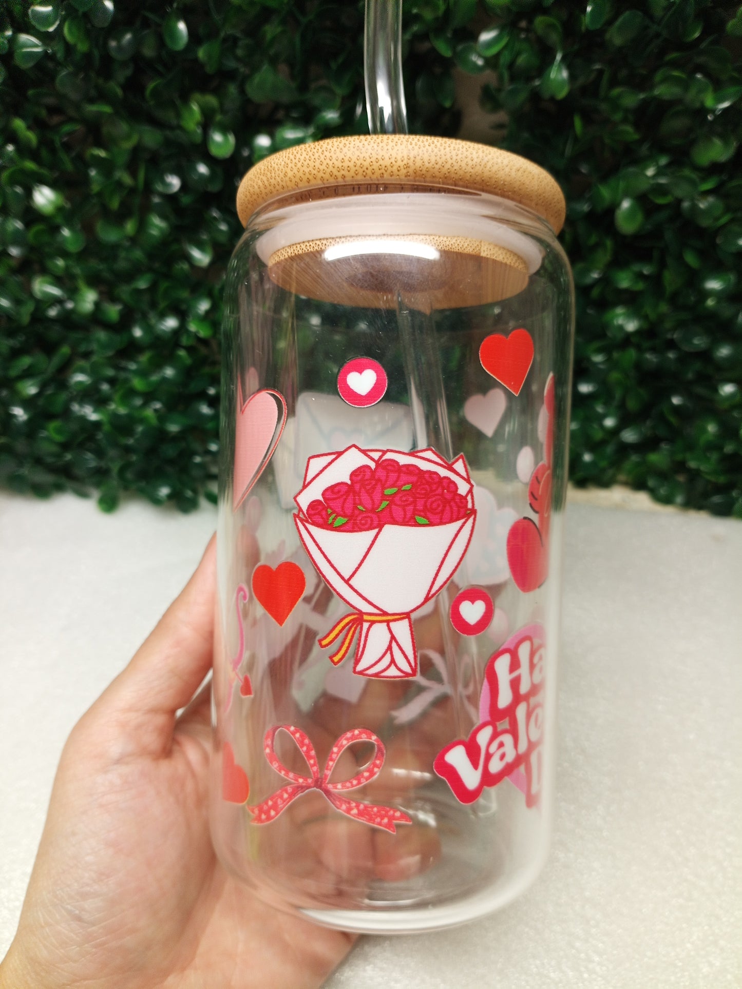 Happy Valentine Day Iced Coffee Glass cup with lid and Straw Personalized gift for Valentine's Day, 16oz, 20oz Glass Tumbler