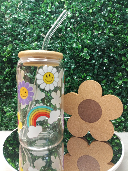 Rainbow Garden Iced Coffee Glass cup with lid and Straw Personalized gift for Valentine's Day, Mother's Day, Birthday, 16oz, 20oz Glass Cup