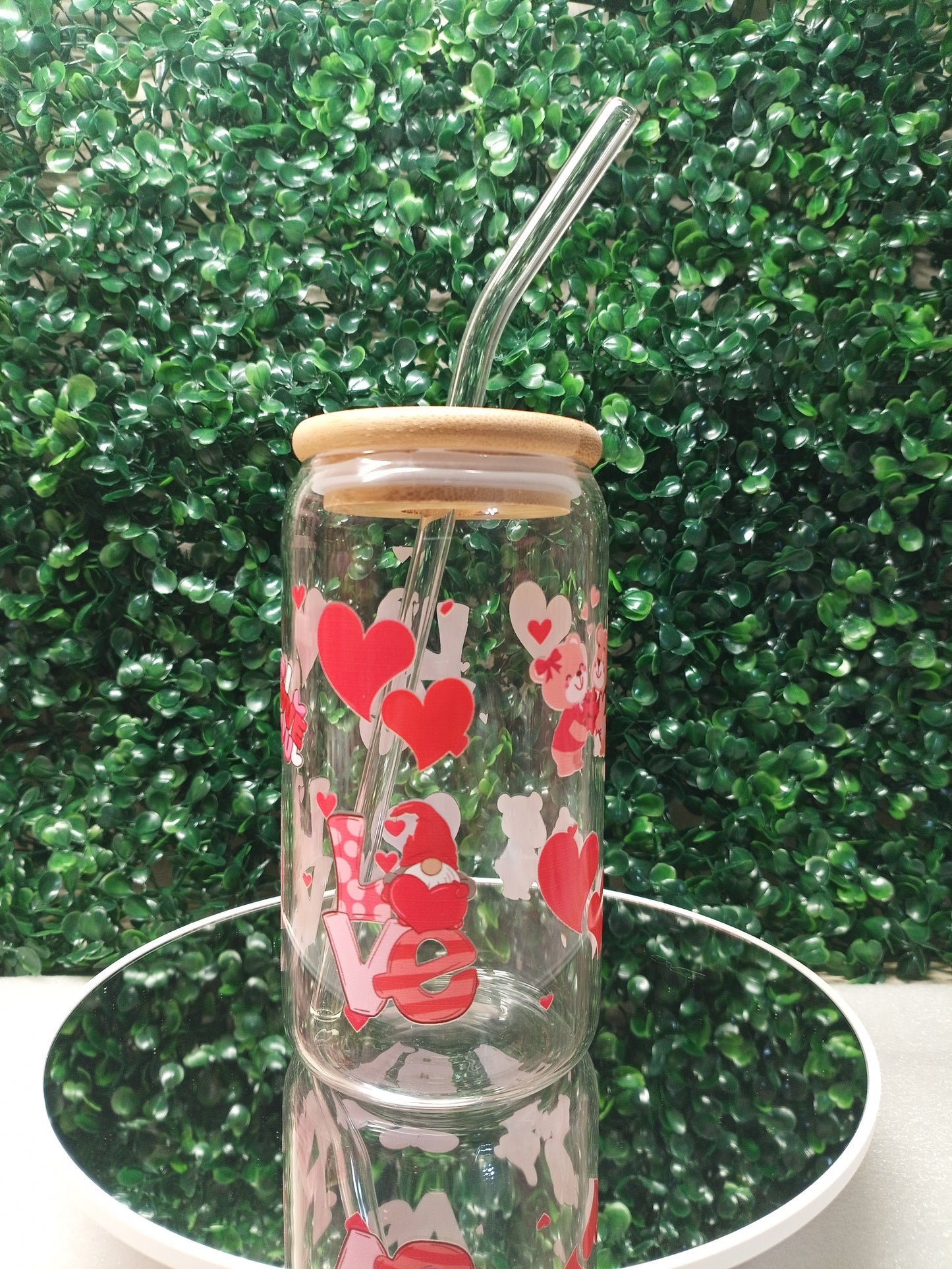 Love Heart Iced Coffee Glass cup with lid and Straw Personalized gift for Valentine's Day, Birthday, 16oz, 20oz Glass Tumbler