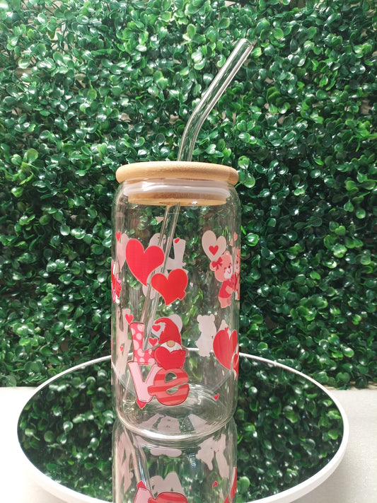 Love Heart Iced Coffee Glass cup with lid and Straw Personalized gift for Valentine's Day, Birthday, 16oz, 20oz Glass Tumbler