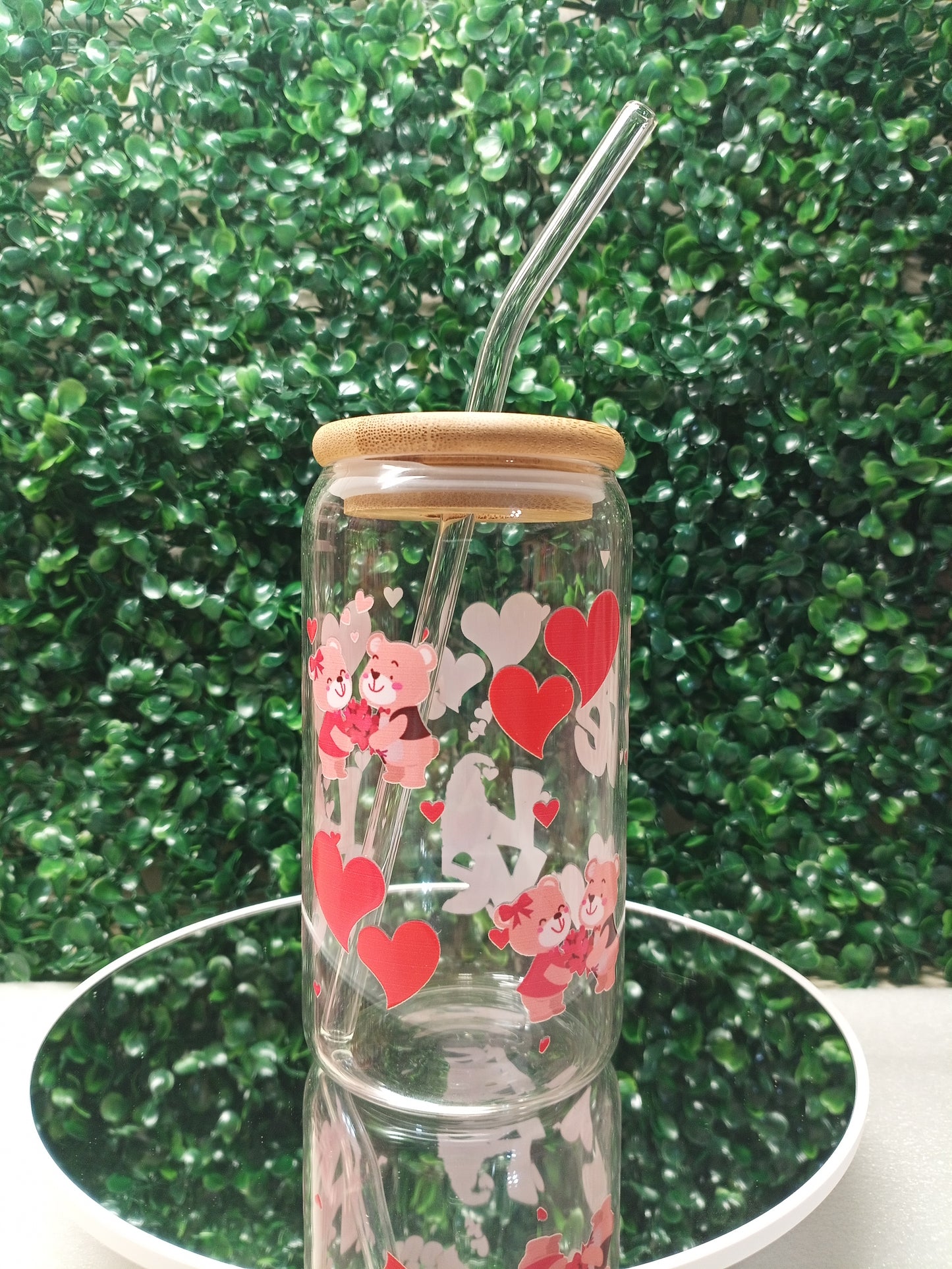 Love Heart Iced Coffee Glass cup with lid and Straw Personalized gift for Valentine's Day, Birthday, 16oz, 20oz Glass Tumbler