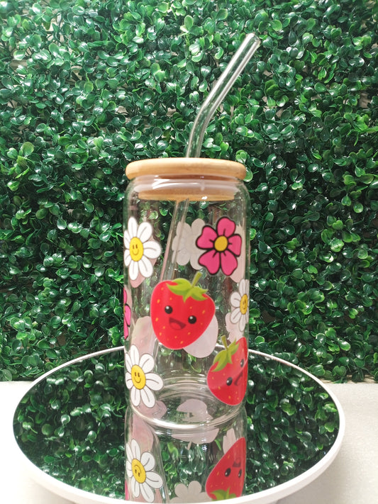 Strawberry Bloom Glass cup Personalized Glass Cup 16oz & 20oz Tea, Coffee, Smoothie Glass, Perfect for Home, Office, Party, Birthday