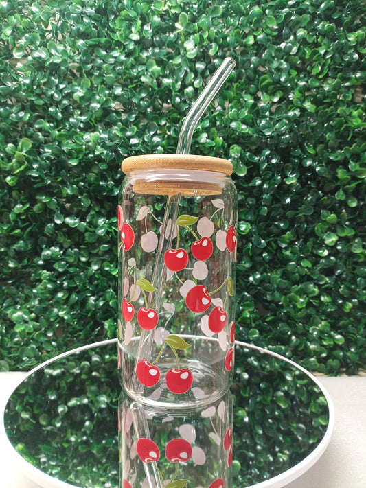 Cherry Glass cup with lid and Straw Personalized Glass Cup 16oz & 20oz Tea, Coffee, Smoothie Glass,Perfect for Home, Office, Party, Birthday
