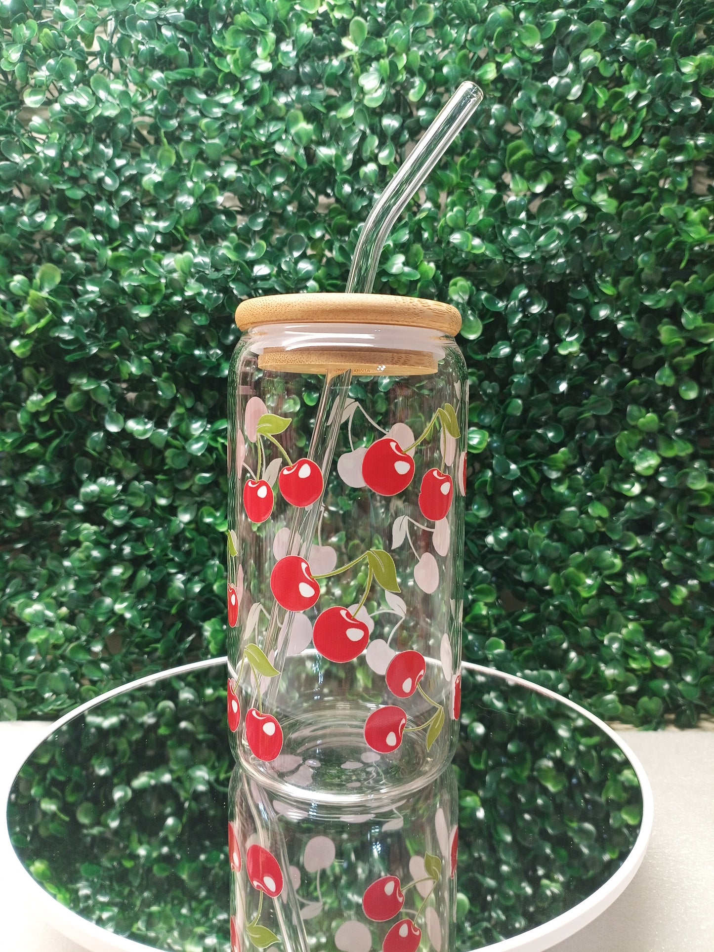 Cherry Glass cup with lid and Straw Personalized Glass Cup 16oz & 20oz Tea, Coffee, Smoothie Glass,Perfect for Home, Office, Party, Birthday