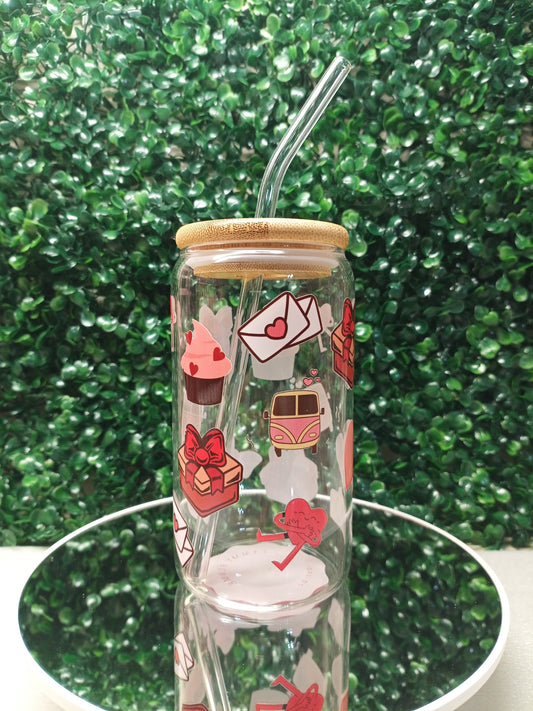 Love Paws Iced Coffee Glass cup with lid and Straw Personalized gift for Valentine's Day, Birthday, 16oz, 20oz Glass Tumbler