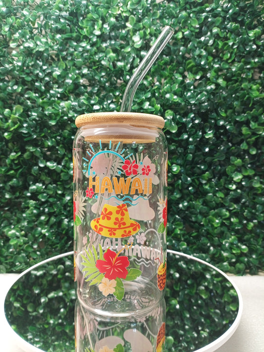 Hawaiian Personalized Glass Cup 16oz & 20oz Tea, Coffee, Smoothie Glass, Perfect for Home, Office, Party, Birthday,Travel glass cup