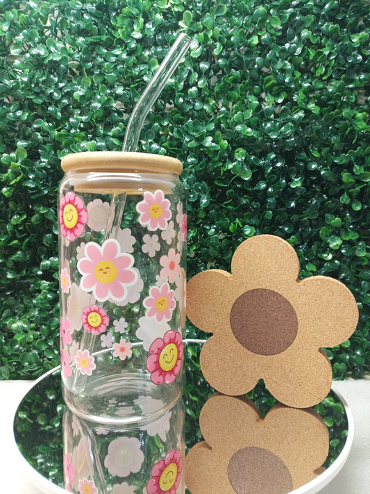 Love in Bloom Iced Coffee Glass cup with lid and Straw Personalized gift for Valentine's Day, Mother's Day, Birthday, 16oz, 20oz Glass cup