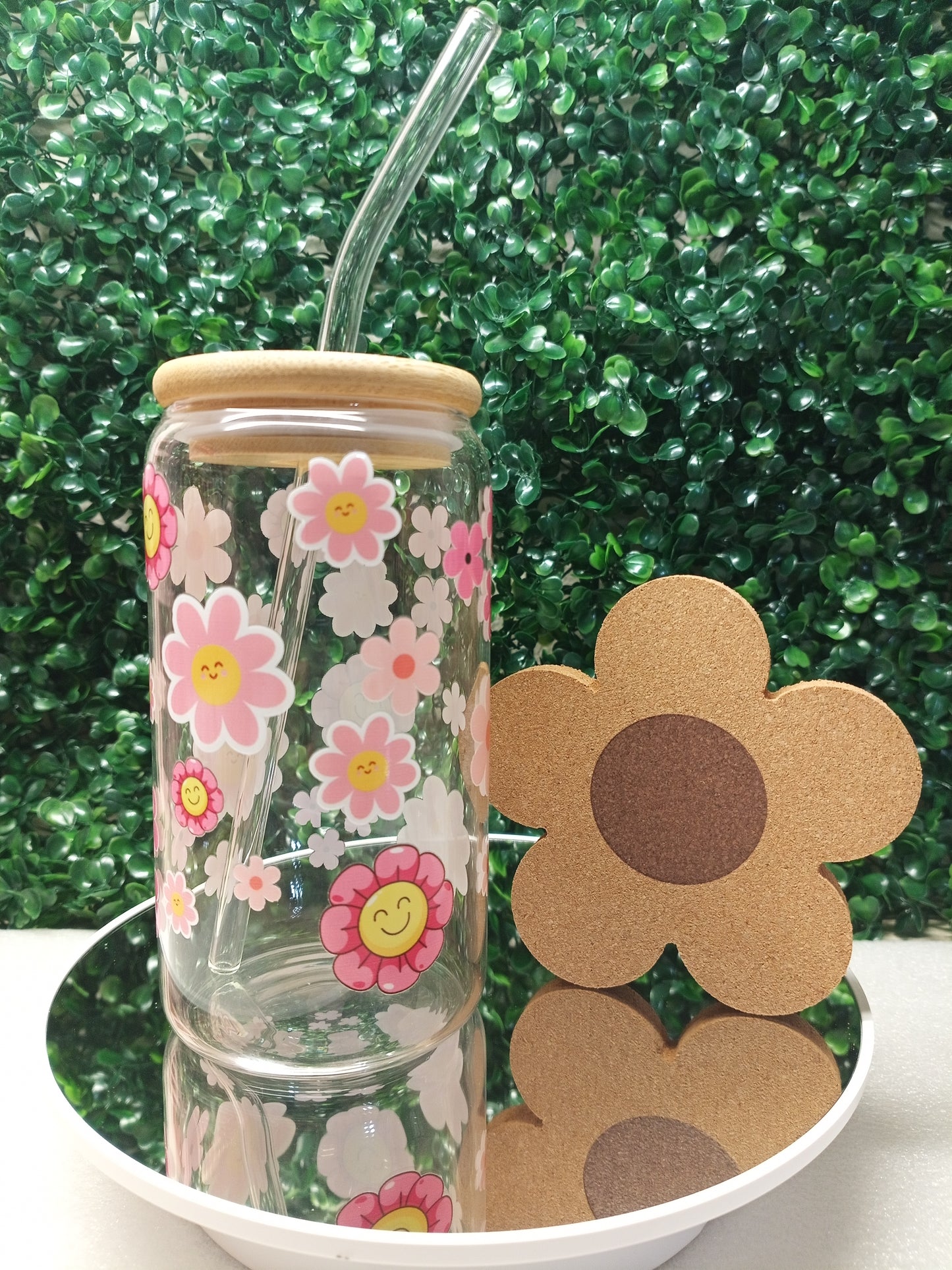 Love in Bloom Iced Coffee Glass cup with lid and Straw Personalized gift for Valentine's Day, Mother's Day, Birthday, 16oz, 20oz Glass cup