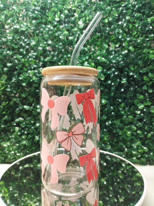 Bow with Love 16oz, 20oz Iced Coffee Glass cup with lid and Straw Personalized gift for Valentine's Day, Mother's Day, Birthday