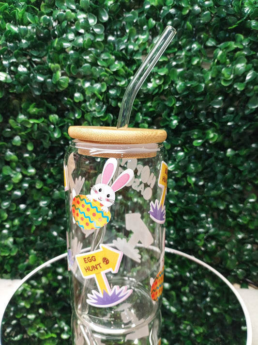 Happy Easter, Egg Hunter glass cup,  Personalized Glass Cup 16oz & 20oz Tea, Coffee, Smoothie Glass,  Perfect for kids,Home, Office, Party