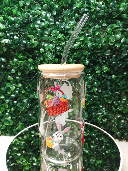 Bunny and Basket Joy glass cup, happy Easter cup, Personalized Glass Cup 16oz & 20oz Tea, Coffee, Smoothie Glass,  Perfect for Home, Office