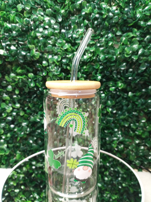 Lucky Rainbow St. Patrick's Day glass cup, Personalized Glass Cup 16oz & 20oz Tea, Coffee, Smoothie Glass,  Perfect for Home, Office, Party