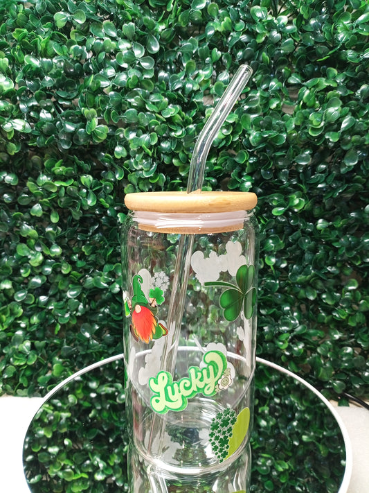 Lucky Hearts St. Patrick's Day glass cup, lucky cup,Personalized Glass Cup 16oz & 20oz Tea, Coffee, Smoothie Glass,  Perfect for gift