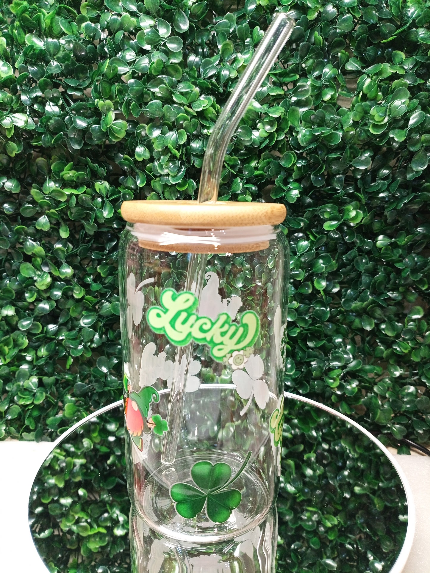 Lucky Hearts St. Patrick's Day glass cup, lucky cup,Personalized Glass Cup 16oz & 20oz Tea, Coffee, Smoothie Glass,  Perfect for gift