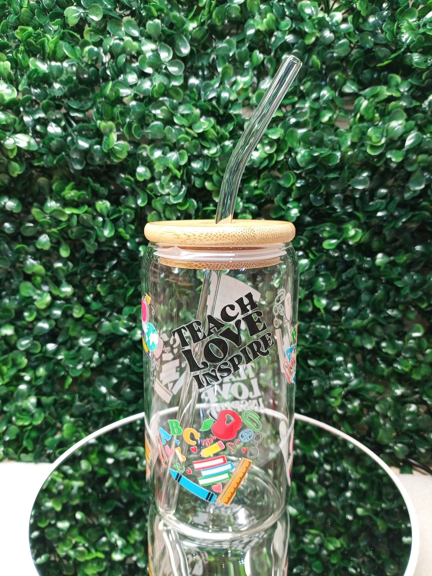Teacher Love Inspire Glass Cup, Personalized Glass Cup 16oz & 20oz Tea, Coffee, Smoothie Glass,  Perfect for gift,Home, Office, Party