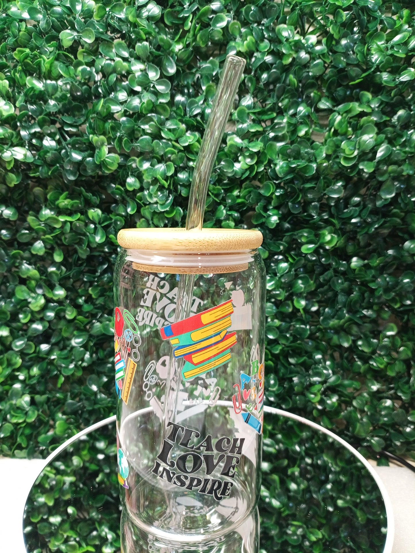 Teacher Love Inspire Glass Cup, Personalized Glass Cup 16oz & 20oz Tea, Coffee, Smoothie Glass,  Perfect for gift,Home, Office, Party