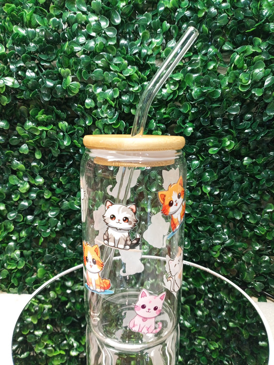 Cute Cats Glass Cup, Animal glass cup,Personalized Glass Cup 16oz & 20oz Tea, Coffee, Smoothie Glass,  Perfect for Office, Party, Birthday