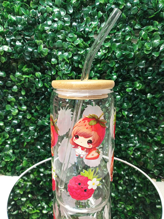 Sweet Strawberry glass cup, Personalized Glass Cup 16oz & 20oz Tea, Coffee, Smoothie Glass,  Perfect for Home, Office, Party, Birthday cup