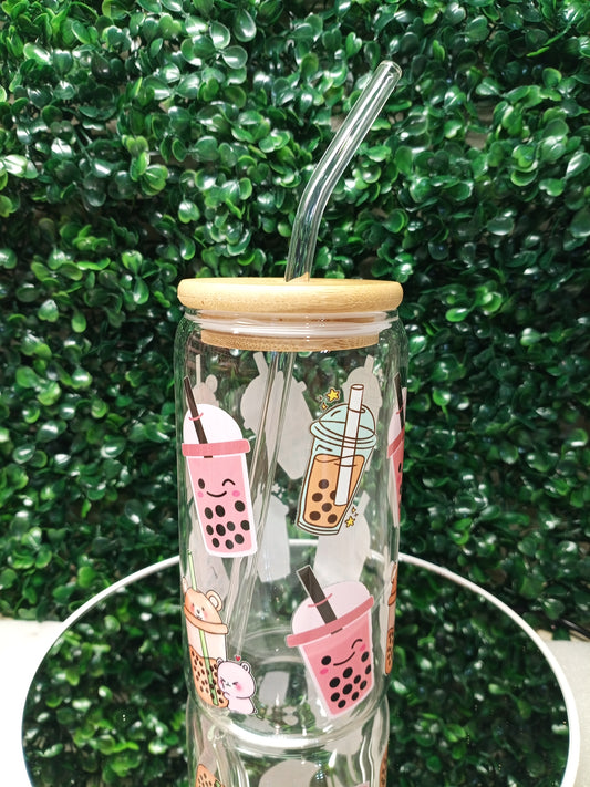 Boba Milk Tea Glass Cup, Personalized Glass Cup 16oz & 20oz Tea, Coffee, Smoothie Glass,  Perfect for Home, Office, Party, Birthday