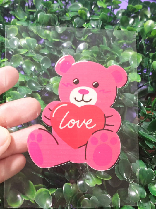 Pink Bear Love UV DTF Transfer – Cute & Romantic Sticker – Multiple Sizes