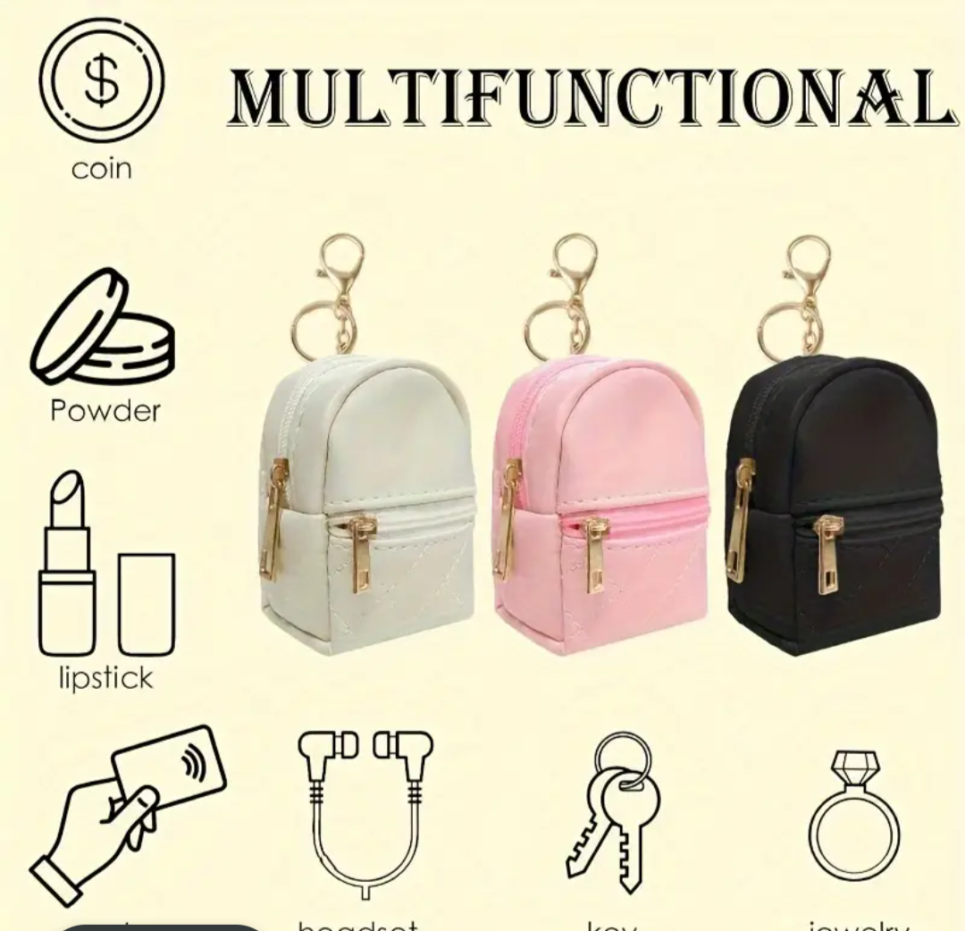 Mini Backpack Leather Keychain, Waterproof Zippered Pockets