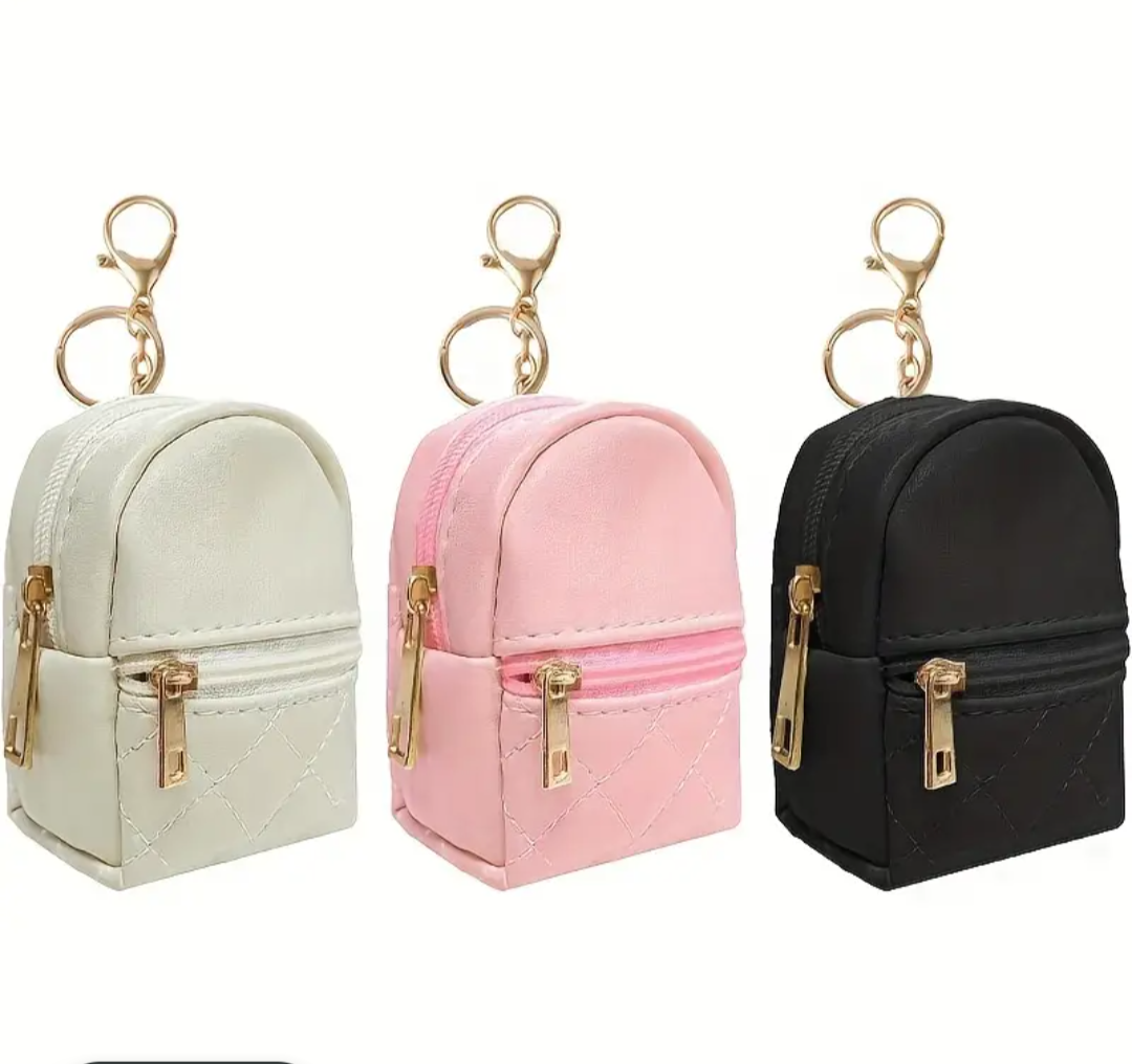 Mini Backpack Leather Keychain, Waterproof Zippered Pockets