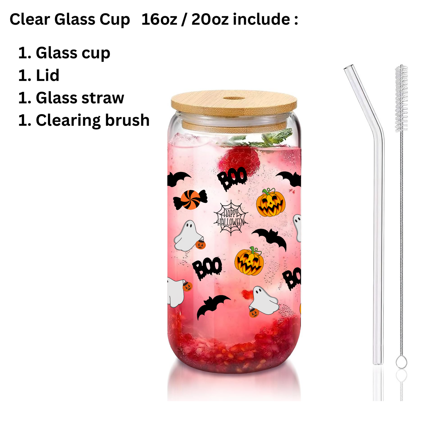 Halloween Clear Glass Cup with Bamboo Lid and Glass Straw – 16oz / 20oz