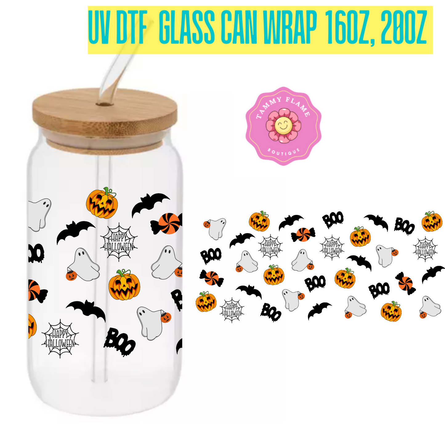 Halloween Clear Glass Cup with Bamboo Lid and Glass Straw – 16oz / 20oz